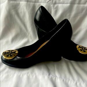 Tory Burch Black Wedge Shoes with Gold Accents size 7